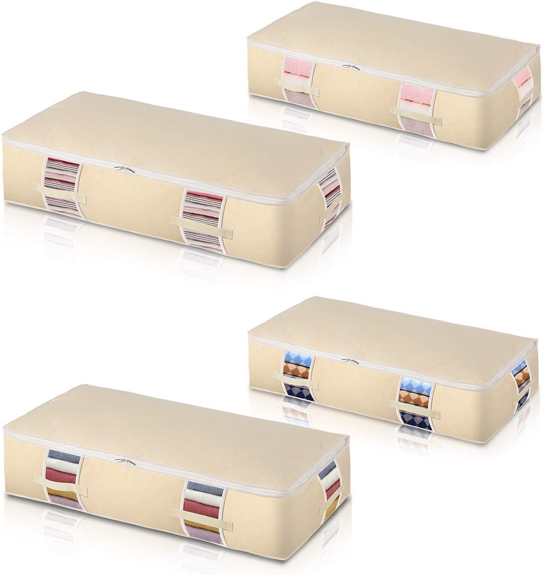 Baseshop Under Bed Storage Containers 4-pack Large Capacity Clothes Organizers Underbed Storage Bags for Bedding,Clothes,Blankets shoes Clear Window Beige