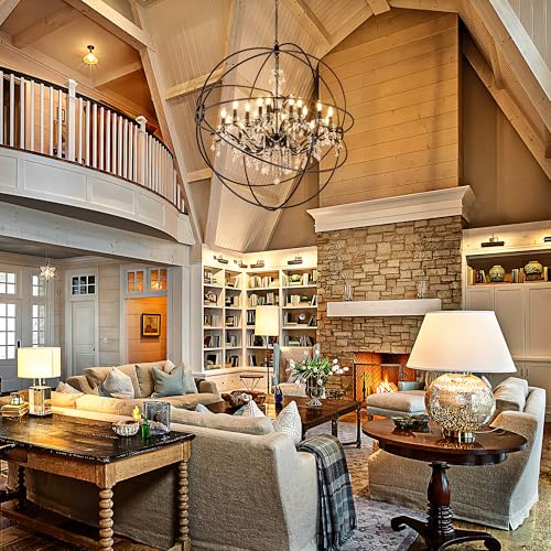 Wellmet Black Chandelier Light, Sphere Chandelier with Crystal for Foyer, Farmhouse Round Hanging Ceiling Lighting Fixture for Dining Room, Living Room Bedroom (Black, 42 inches) by Wellmet - Image 6