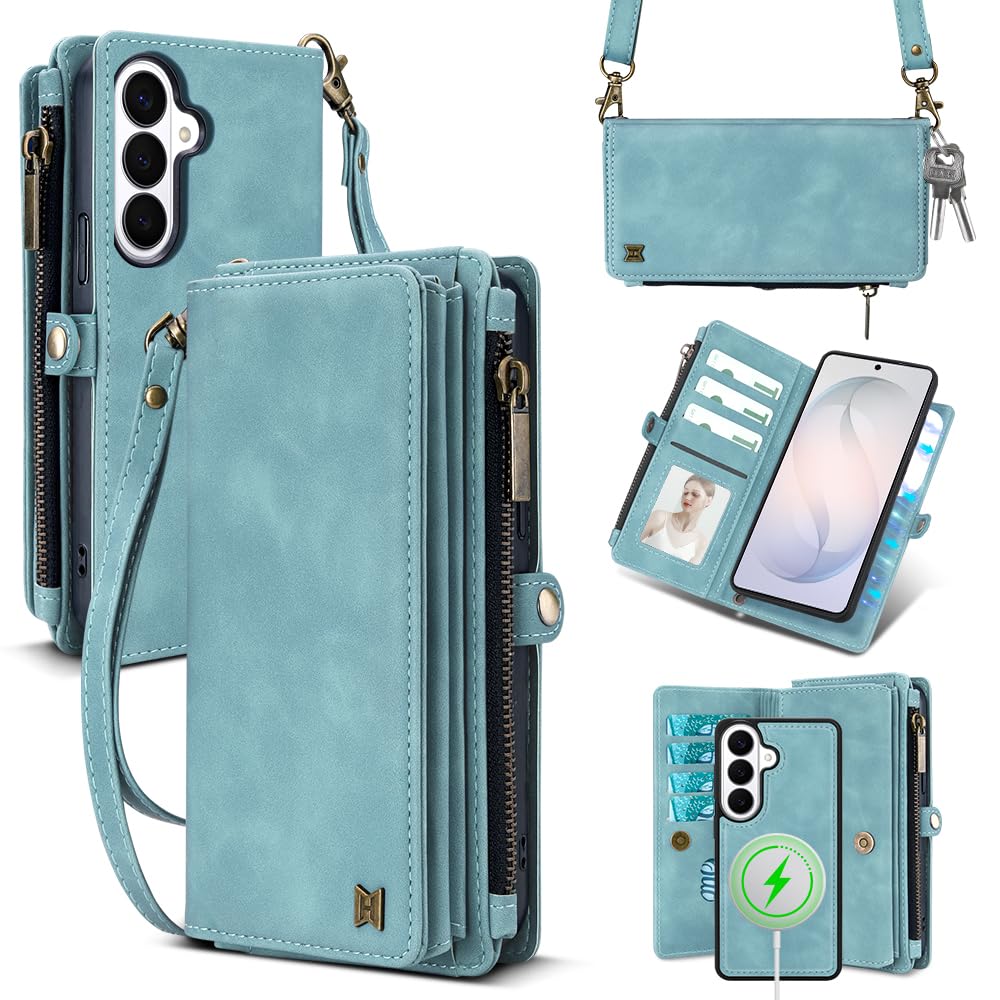 Custodia a portafoglio magnetica per Samsung Galaxy S26 Plus, blu | Custodia a libro 2 in 1 in pelle PU staccabile, porta carte di credito con blocco RFID, tasca con cerniera