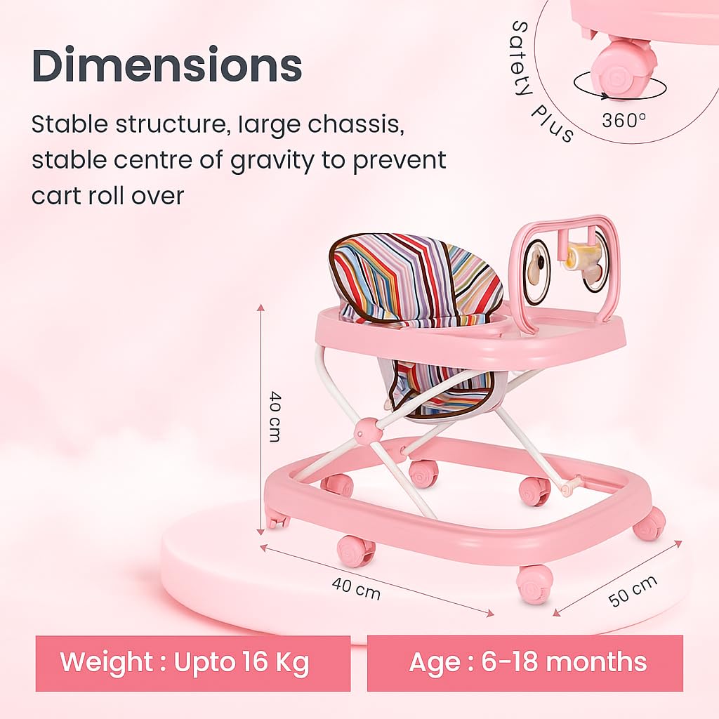 Blushbaby 360° Baby Walker for 6-18 Months | 5-Height Adjustable Activity Walker with Cushioned Seat, Meal Tray & Toy Bar | Foldable & Lightweight Walker for Boys & Girls (Pink) 2