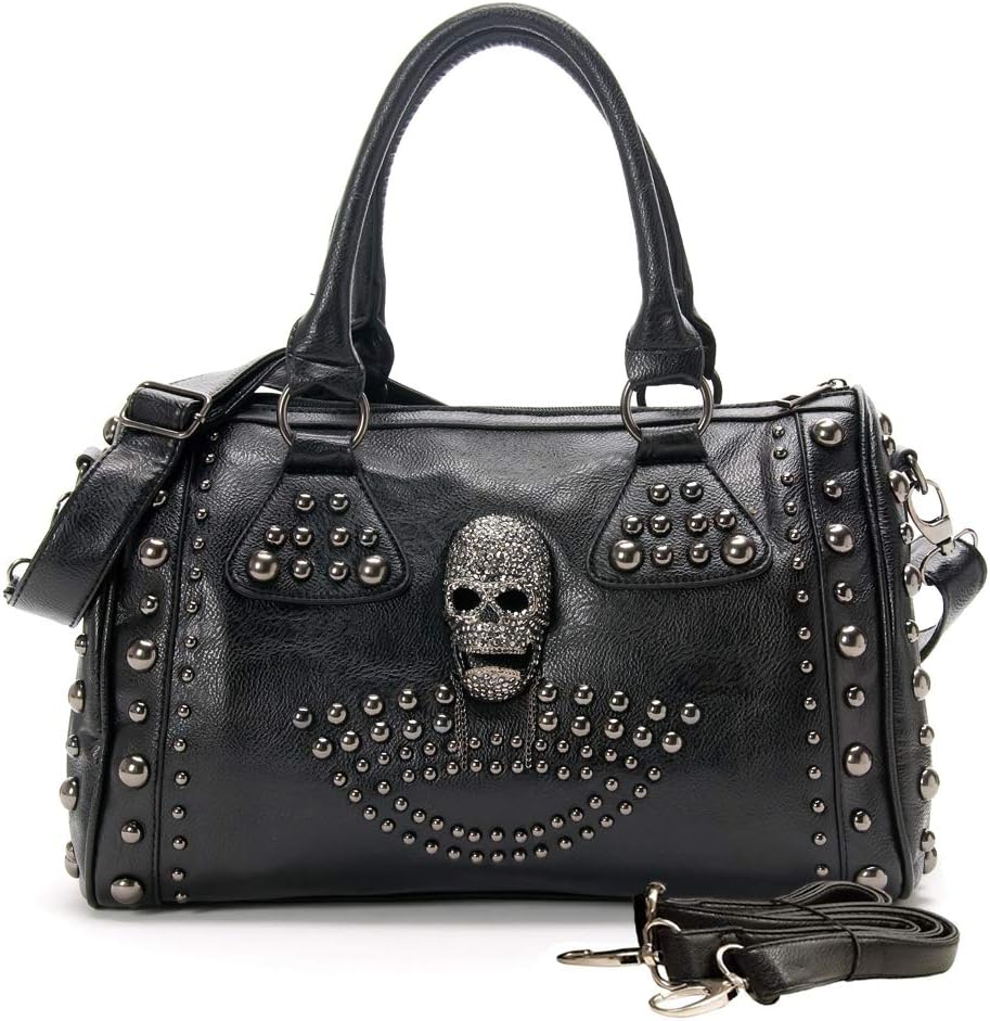 Chikencall® Women Skull Tote Handbag PU Washed Leather Gothic Studded Rivet Purse Ladies Halloween Christmas Shoulder Bag