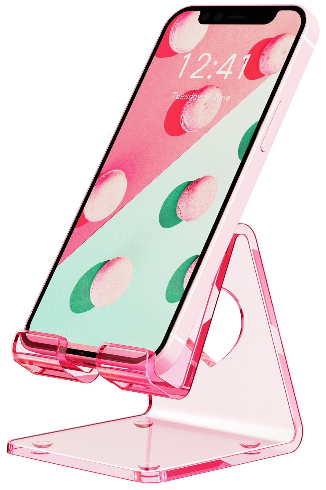 Crpich Acrylic Cell Phone Stand, Portable Phone Holder, Clear Pink Phone Stand for Desk, Compatible with Phone16 15 14 13 12 11 Pro Max SE, Switch, Android Smartphone, Pad, Tablet, Desk Accessories