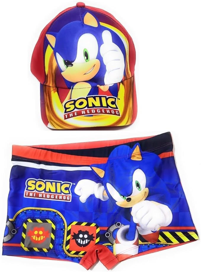Requeteguay Urban RUBañador Sonic para Niños + Gorra Sonic Verano | Pack de Gorra + Bañador Tipo Boxer de Baño Sonic para Niños de 4 a 12 años