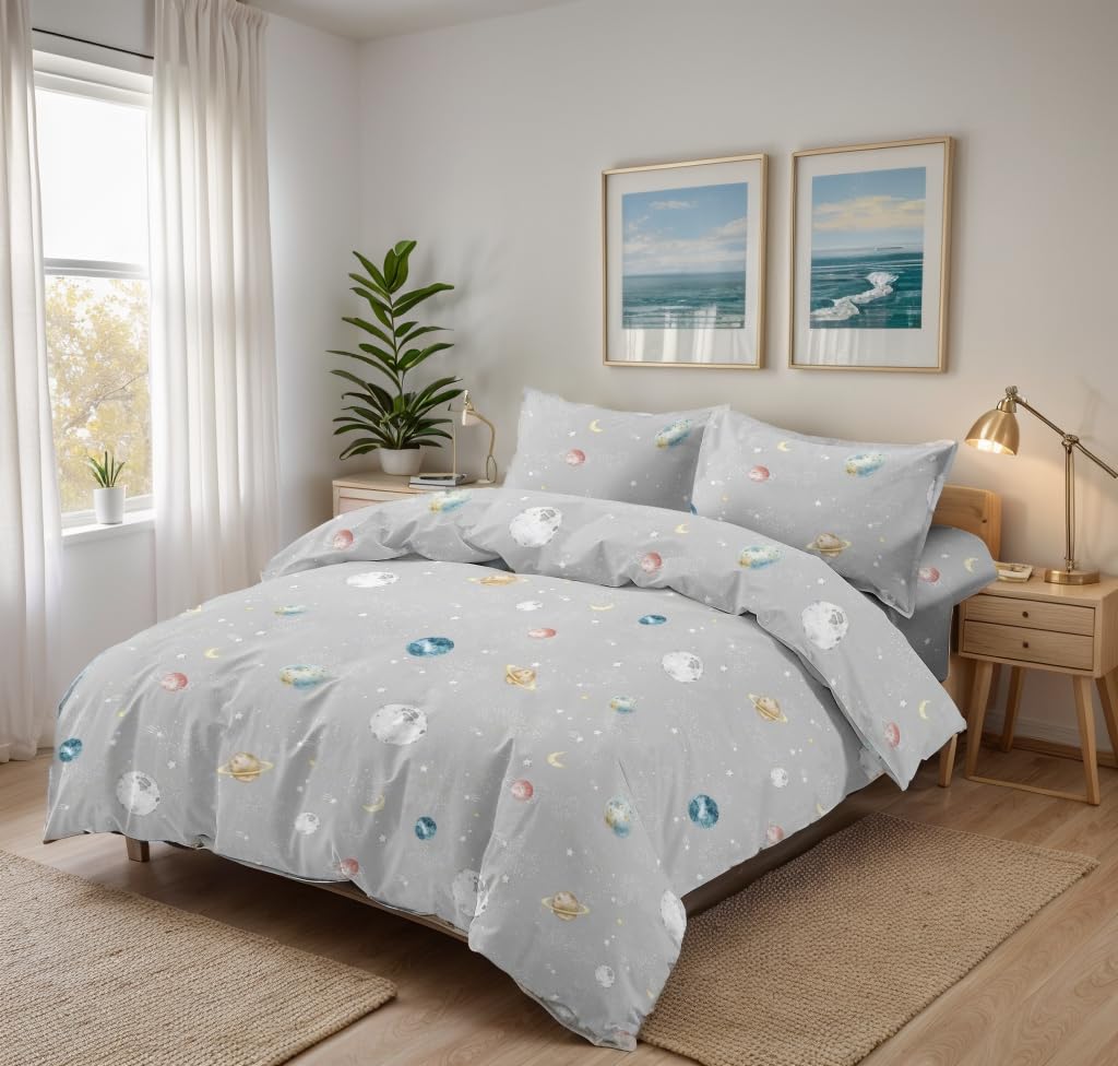 Juego de Funda Nórdica 3 Piezas Cama 90 Microfibra Extra Suave Transpirable - 1 Funda Edredón 150x220 cm, 1 Bajera 90x200+28 cm y 1 Funda Almohada 50x110 cm (Color Planetas)