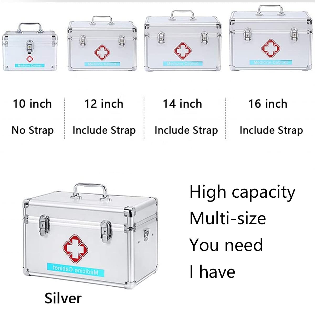 Botiquín de primeros auxilios portátil, botiquín emergencia for acampar, contiene bandeja extraíble, caja multifuncional for kit familiar con asa, plateado, 14 pulgadas(16in)
