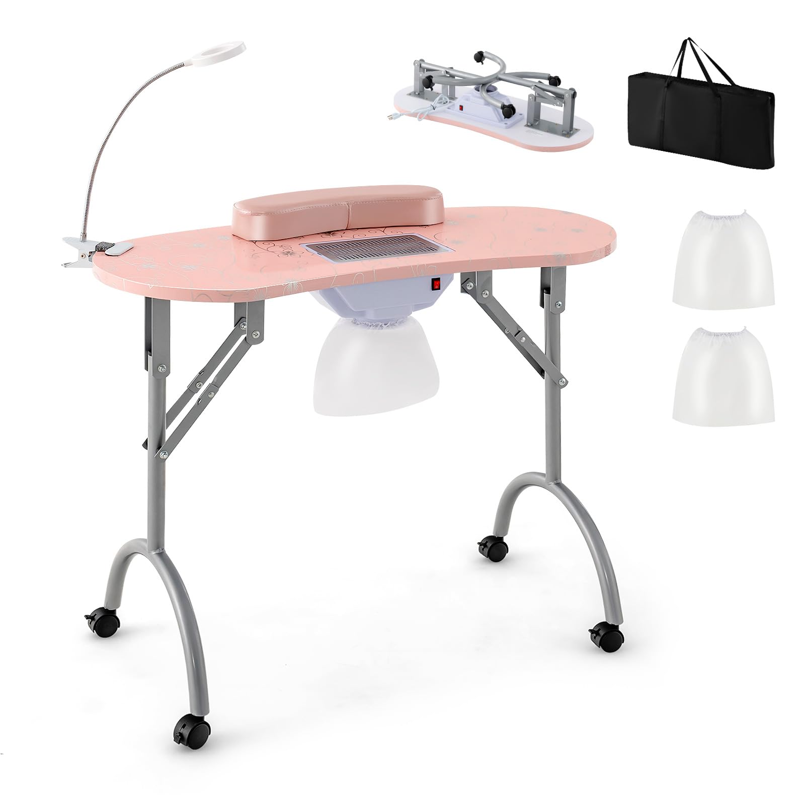 COSTWAY Mesa de Manicura Plegable con Colector de Polvo Eléctrico, Mesa Portátil para Uñas con Lámpara LED Ajustable, 3 Bolsas de Polvo, Bolsa de Transporte y 4 Ruedas Bloqueables para Spa (Rosa)