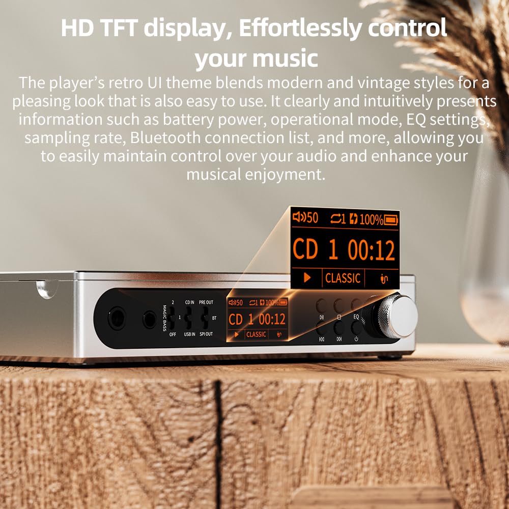 FiiO Lecteur CD stéréo portable DM15 avec véritable DAC R2R 24 bits, sortie haute puissance 1150 mW + 1150 mW, émetteur Bluetooth adaptatif aptX, 24 préréglages sonores, audio Hi-Fi USB/CD, écran HD