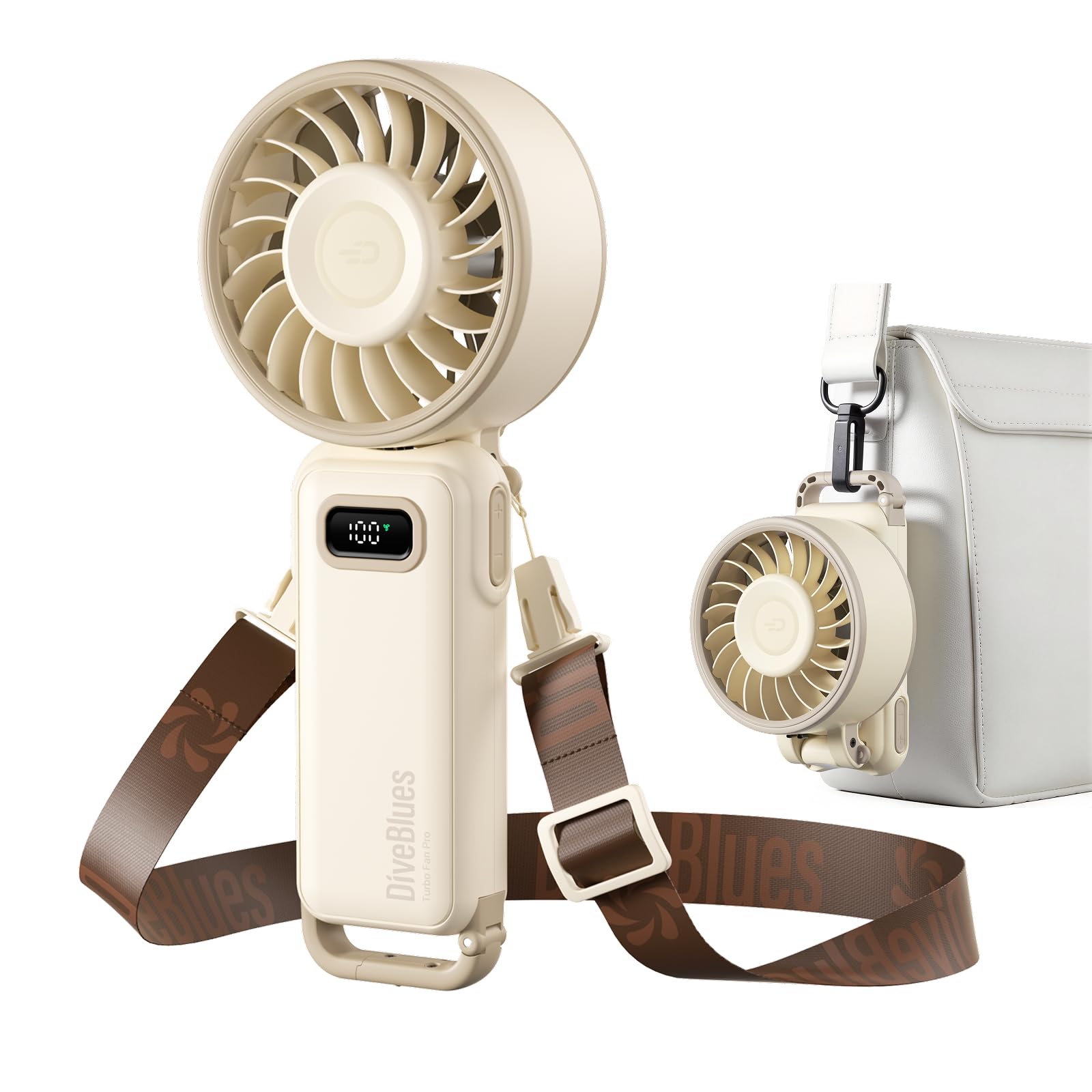 Diveblues Handventilator Tragbarer Turbo-Ventilator mit 100 Stufen und 7.4m/s Starkem Luftstrom, 180° Faltbarer 4-in-1 Mini-Ventilator für Hand, Hals und Tisch, Aufladbar für Sommer, Reise und Outdoor