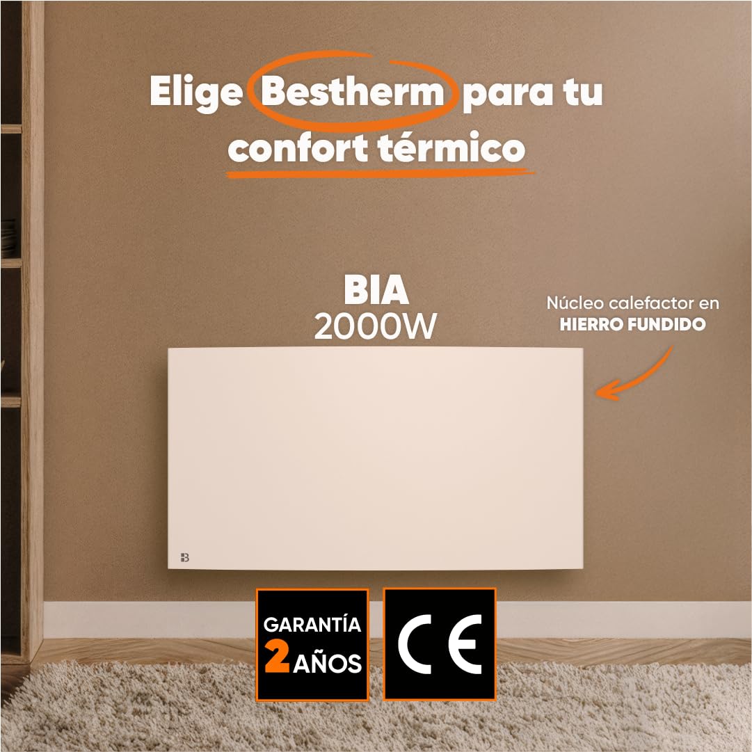 BESTHERM - Radiador eléctrico fijo de inercia seco hierro fundido 2000 W Bestherm BIA horizontal blanco