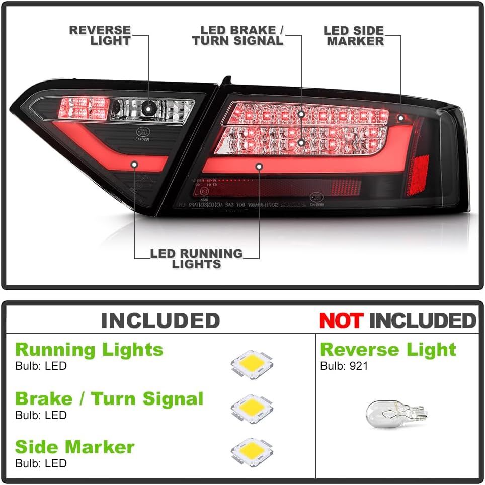 ACANII - For 2008-2012 Audi A5 LED Black Housing Tail Lights Brake Signal Lamps Replacement Driver & Passenger Side