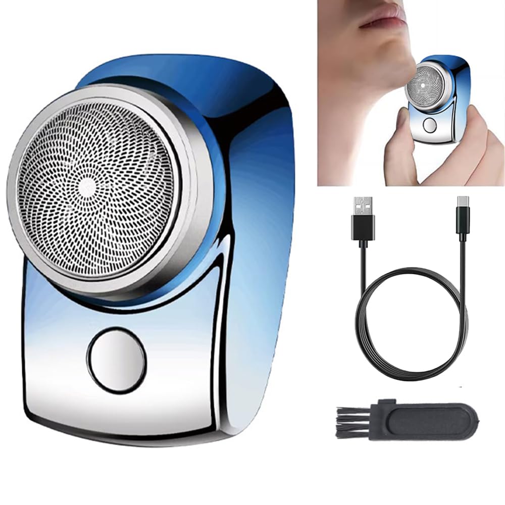 PUCHEN[Upgrade] Portable Mini USB Rechargeable Shaver - Washable, Travel-Friendly With 6 Blades, Men's Waterproof Electric (Blue)