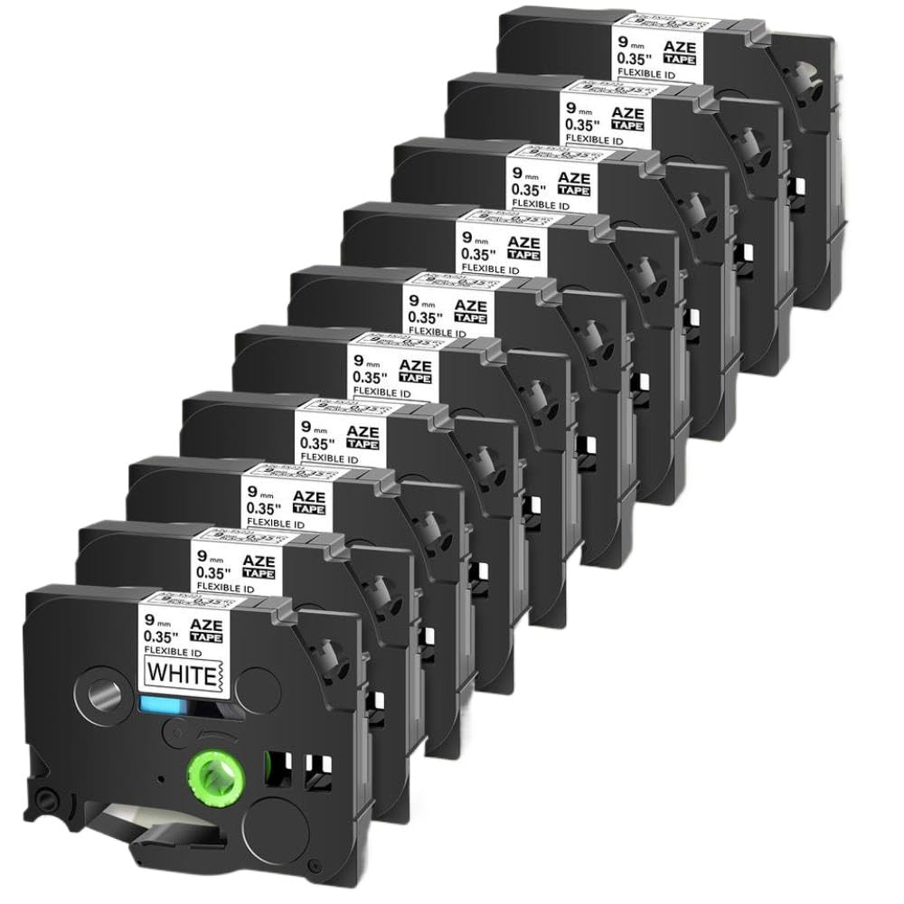 Confezione da 10 nastri per etichette laminati flessibili da 9 mm AZE FX221 TZe FX221 nero su bianco compatibile con stampante per etichette PT 1100
