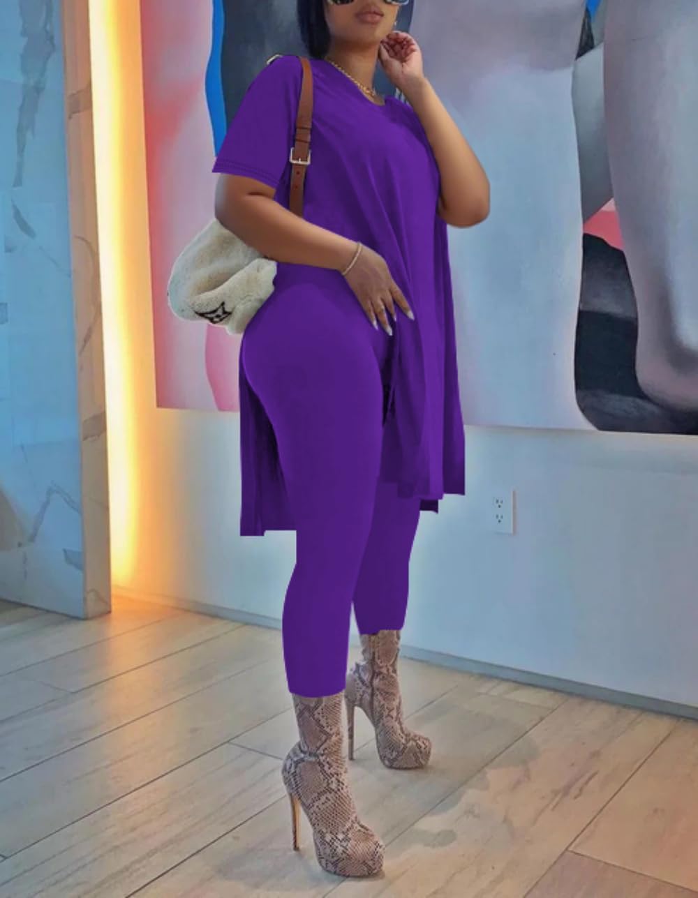 HBQ Womens 2 Piece Outfits Tracksuits Short Sleeve Tunic Tops Bodycon High Waist Leggings Pants,Purple,Small - Image 3