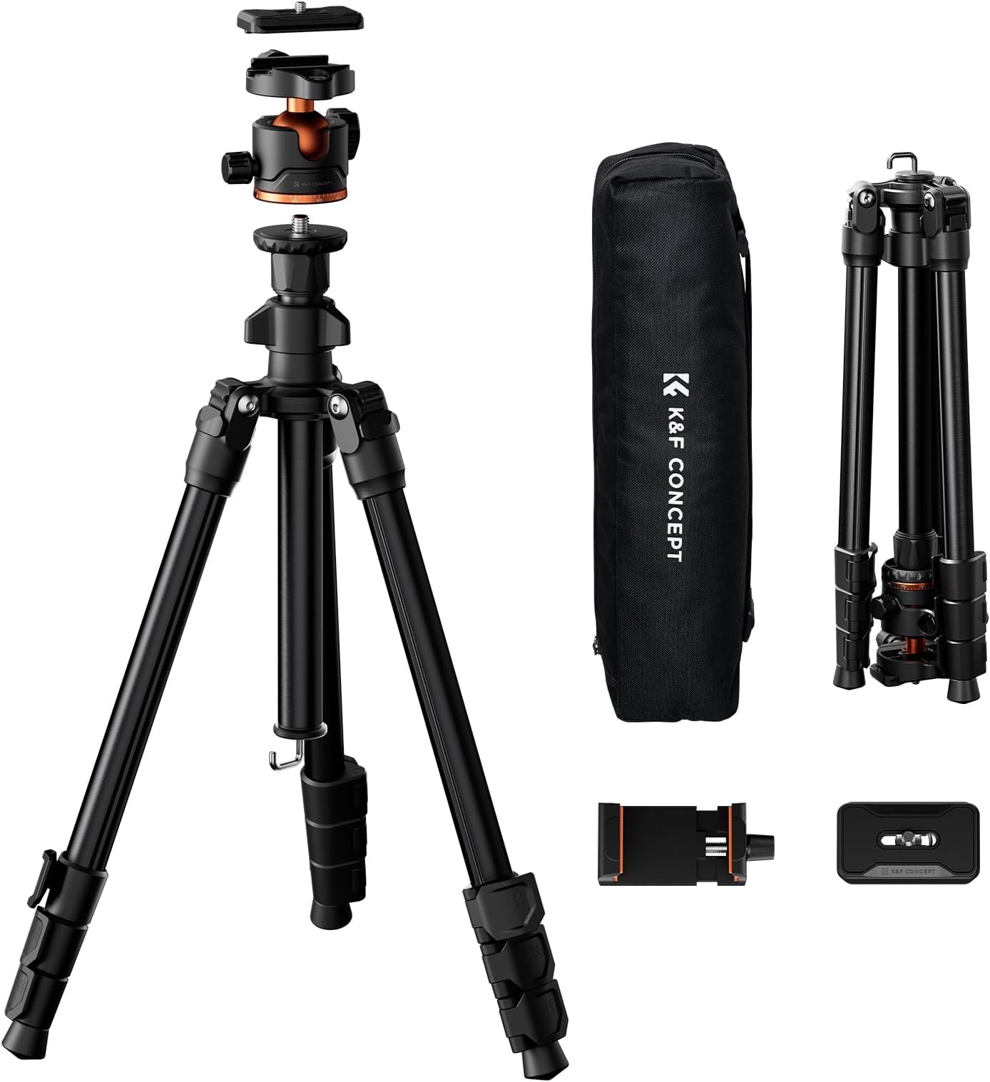 K&F CONCEPT 178cm/70" Compact Camera Tripod, Lightweight Travel Tripod with Ball Head Compatible for CANON/SONY/NIKON Camera, Phone Holder for Smartphone Live Streaming Vlog, Load Capacity 17.6lbs
