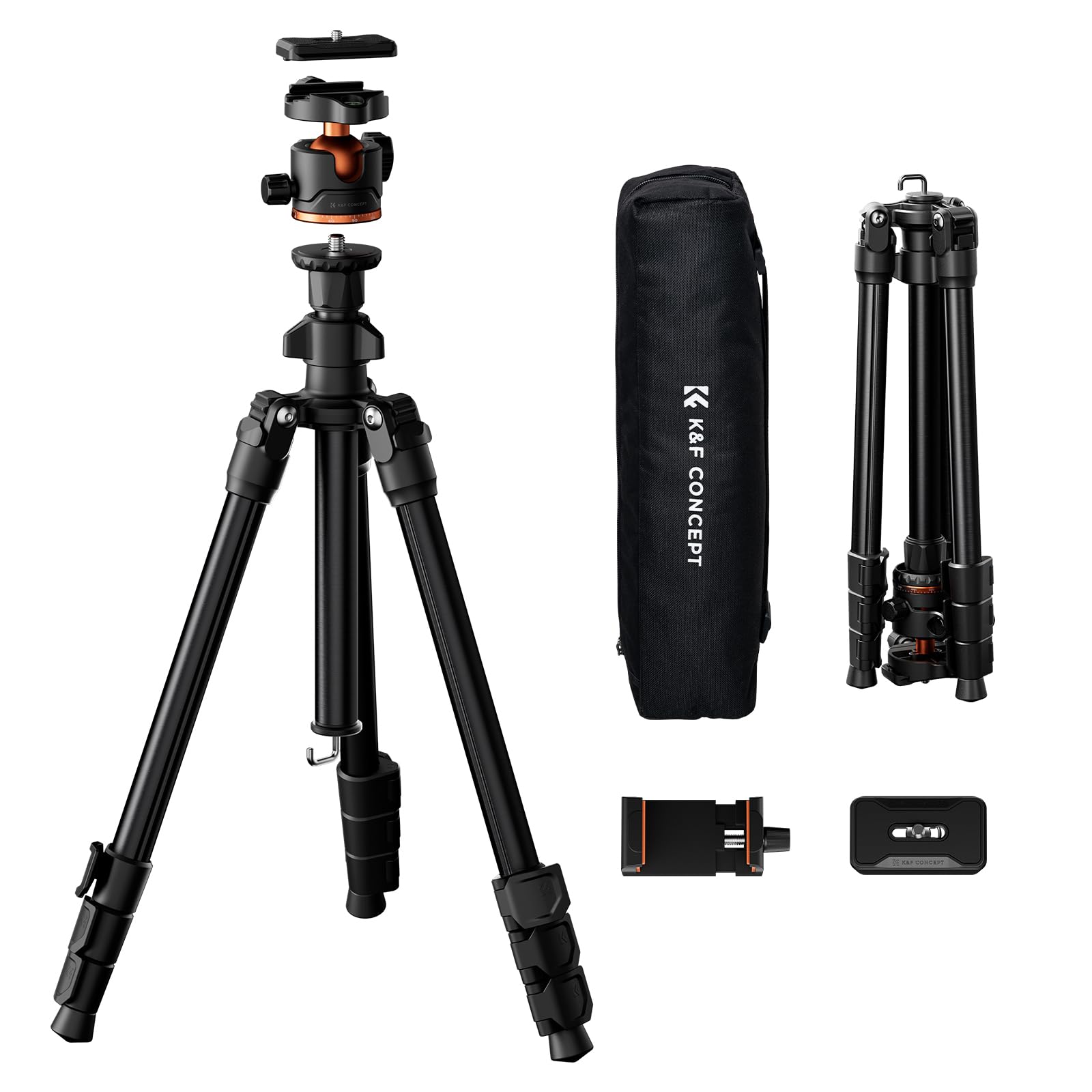 K&F CONCEPT 70" Camera Tripod, Lightweight Travel Tripods for Camera with 360 Degree Ball Head Load Capacity 17.6lbs, Cellphone Clip for Smartphone Live Streaming Vlog K234A3+BH-36