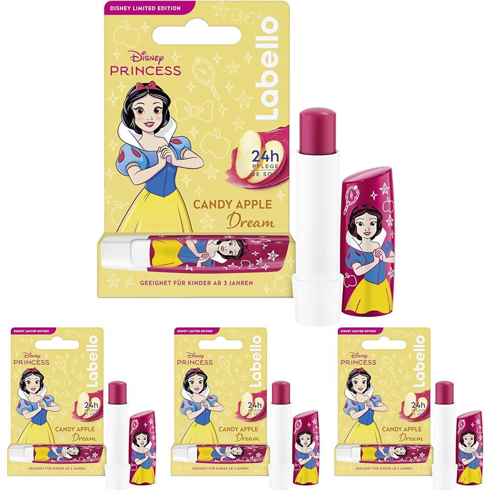 Labello Candy Apple Dream Limited Disney Princess Edition, duftender Lippenpflegestift mit fruchtigem Aroma, pflegender Lippenbalsam für Kinder ab 3 Jahren (4,8 g) (Packung mit 4)