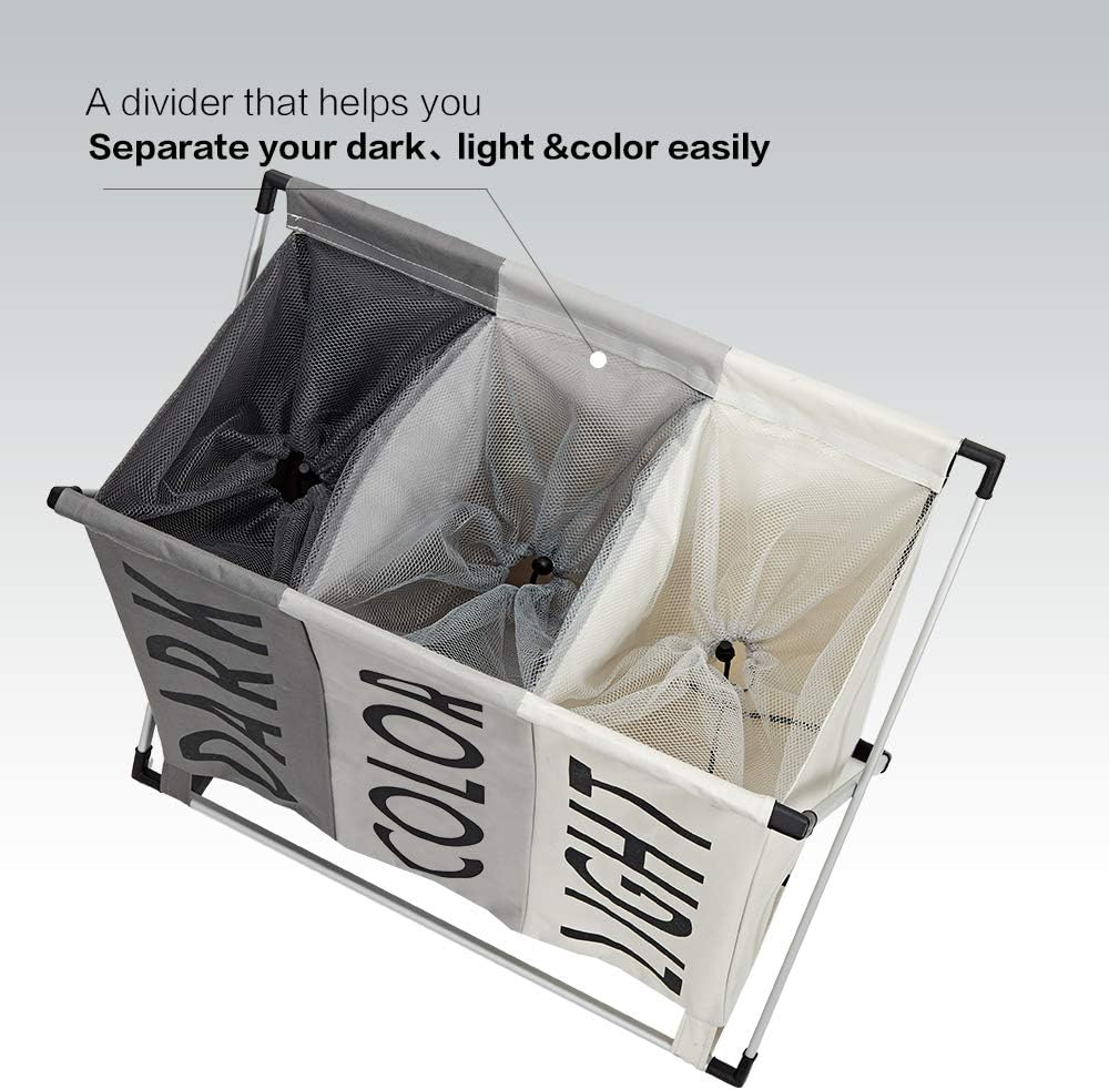 HOMEST Laundry Basket 3 Sections, Large Dirty Clothes Hamper Sorter for Bathroom, Foldable Hamper Divided, Multicolor