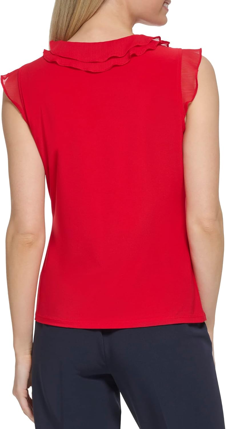 Tommy Hilfiger Women's Sleeveless Mix Media Ruffle Front Blouse - Image 5