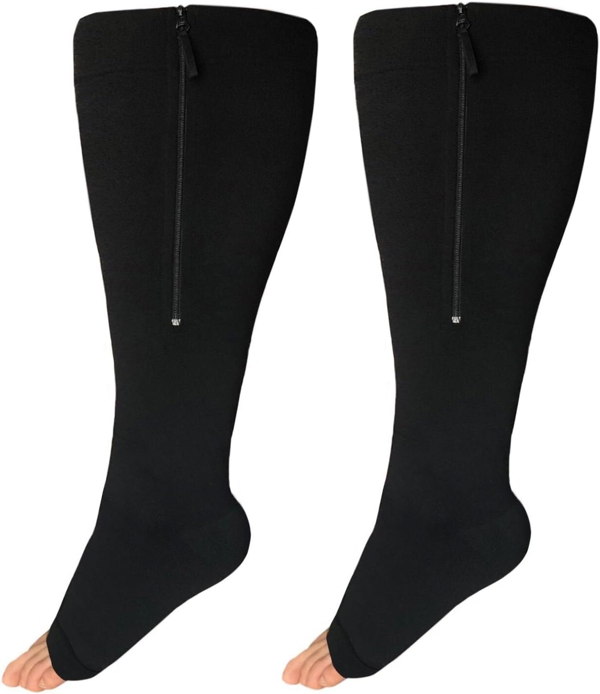 Runee Wide Calf Zipper Compression Socks, Open Toe, Extra Calf Support