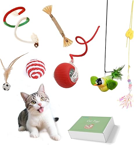 Juguetes interactivos para gatos de interior (7 piezas), bola inteligente de movimiento automático Speedy Tail, juguete de 2 bolas y 2 juguetes