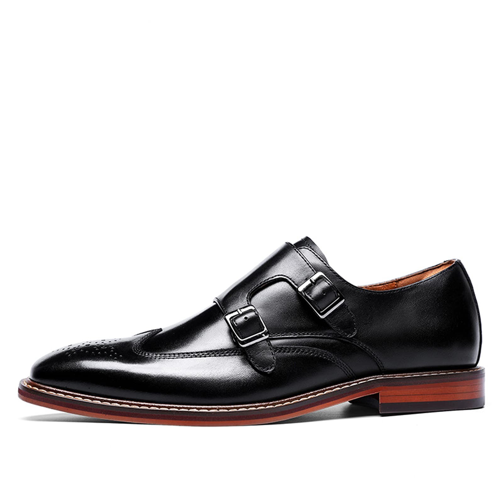 Zapatos Formales para Hombre, Zapatos Monje con Doble Hebilla, Cuero, Correa clásica, Deslizamiento en la Punta del ala, Brogue, Vestido Informal de Boda, Mocasines Black- US8.5-9/UK7.5-8/EU41