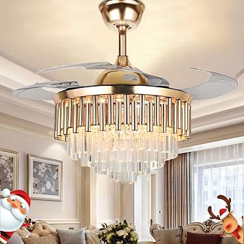 42 Crystal Ceiling Fan with Light and Remote Luxury Gold Retractable Chandelier Ceiling Fan 3 Colors 3 Speeds Silent Motor Indoor Fandelier LED Light Kit Include