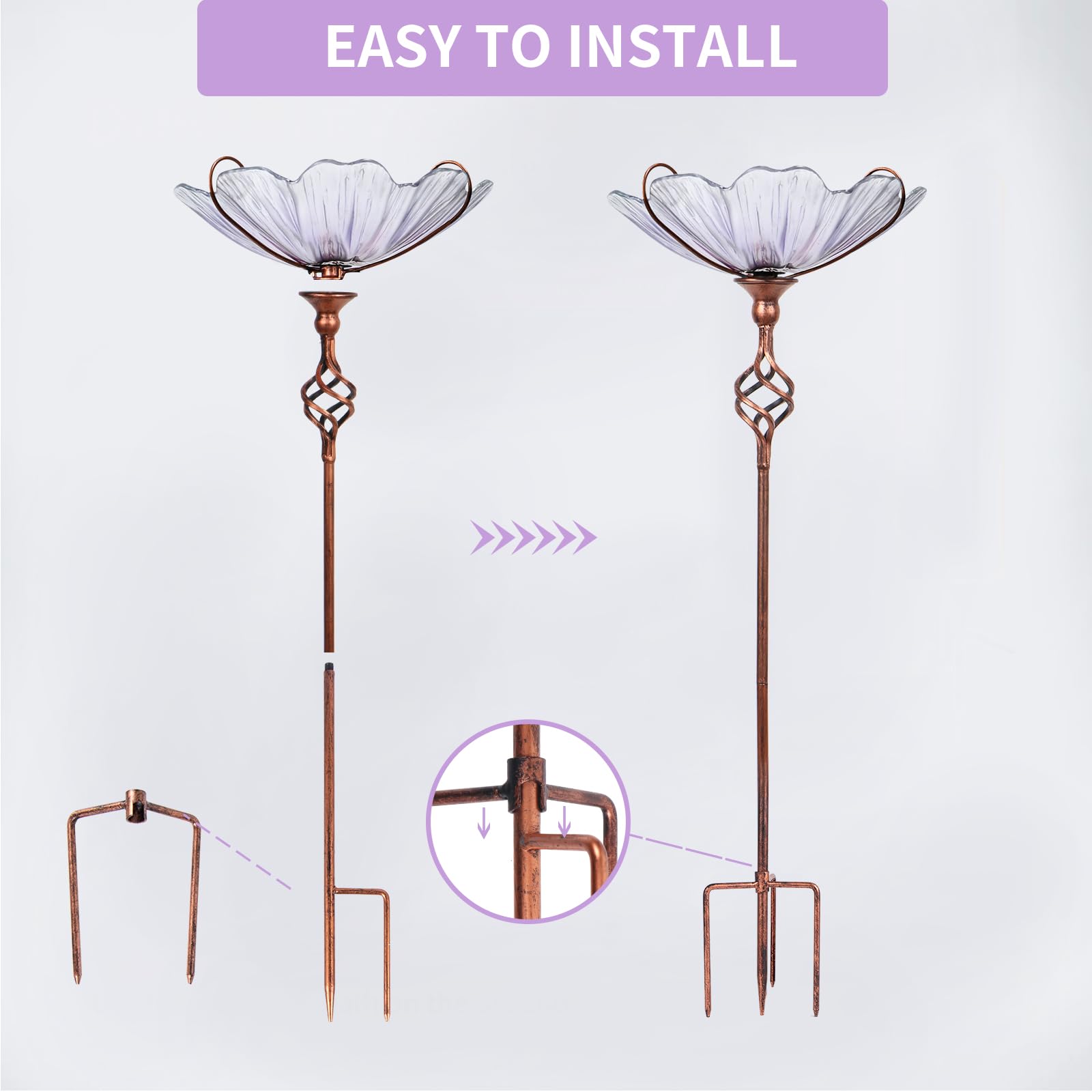 MUMTOP Comedero para pájaros de cristal de 78 cm de altura con estaca de metal, jardín, patio, exterior, color morado