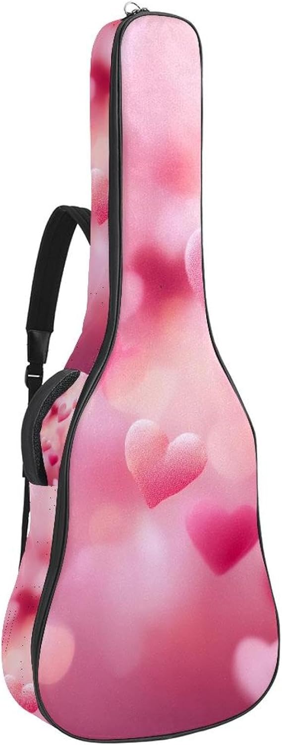Acoustic Guitar Gig Bag 10mm Thick Padding, Soft Waterproof Guitar Case with Adjustable Backpack Straps for 40-42 Inch Guitar, Valentine's Day Pink Hearts