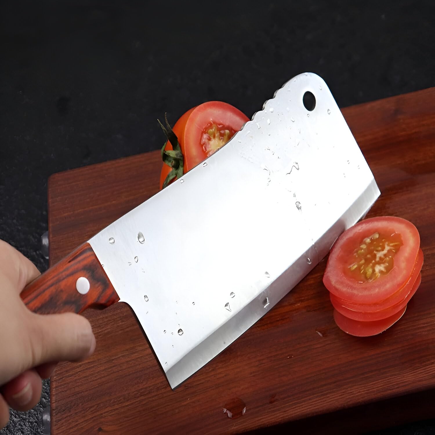 Amillee Heavy Duty Meat Cleaver Knife - High Carbon Stainless Steel Bone Cutting Knife with Full Tang Wooden Handle, Multipurpose Butcher Knife for Meat, Vegetables, Fish, Home (Knife_H_Big_1) 2