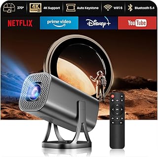 Projetor portátil 1080P suporte 4K com WiFi 6 Bluetooth 5.4, mini projetor portátil 22000 lúmenes Android 12.0, 270° rotação Auto Keystone Zoom ajustável compatível HDMI USB TF laptop PC telefone