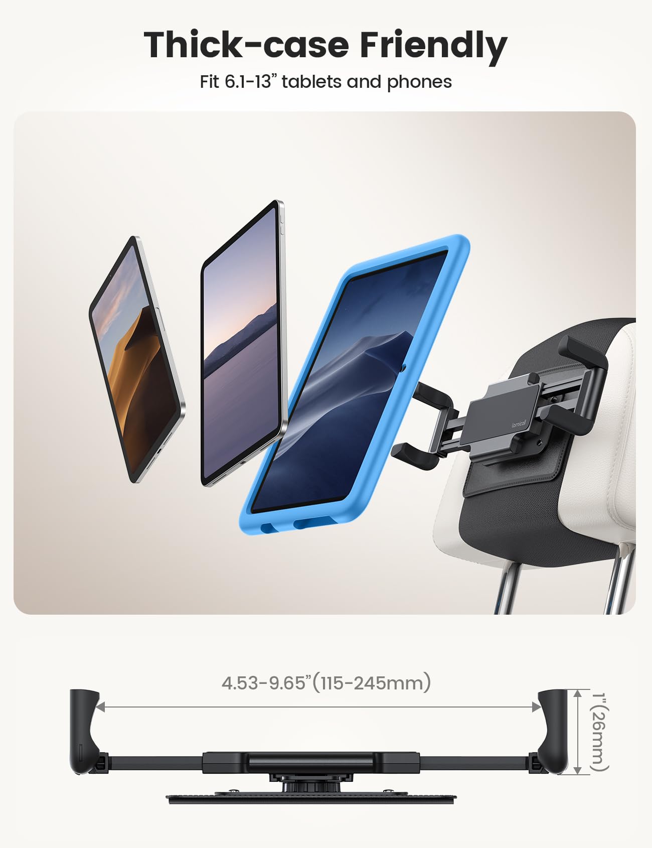 Lamicall 2 Sztuki Uchwyt na Tablet do Samochodu na Zagłówek - [Składany Gruby Zacisk] 360° Obrotu Uchwyt Samochodowy Tablet, Uchwyt na iPad do Samochodu na Zagłówek dla iPad Pro, Air, Mini, 6,1-13”