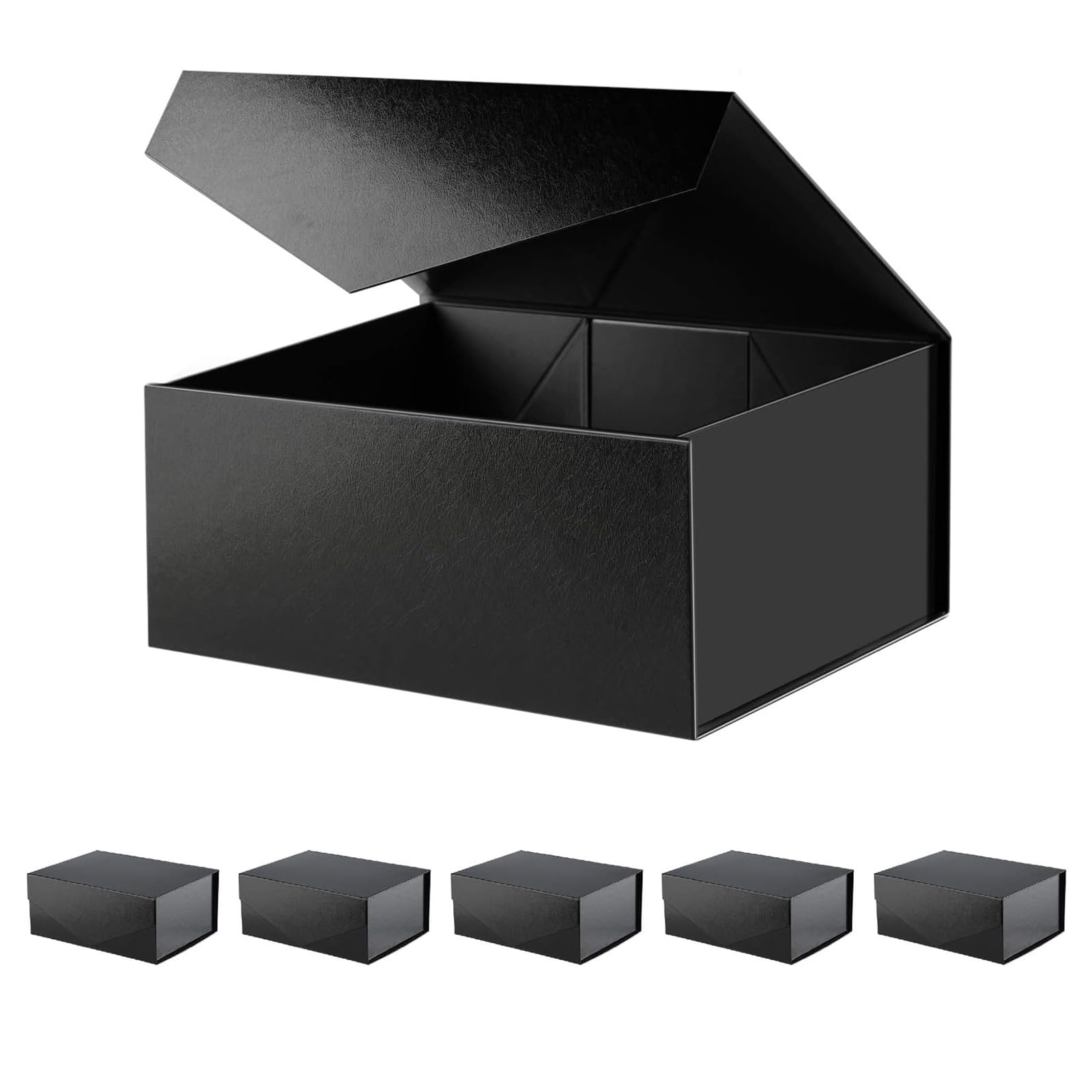 BLK&WH Lot de 6 boîtes cadeaux pliables avec couvercles à fermeture magnétique pour emballage cadeau, noir brillant avec texture herbe, 22,9 x 16,5 x 9,6 cm