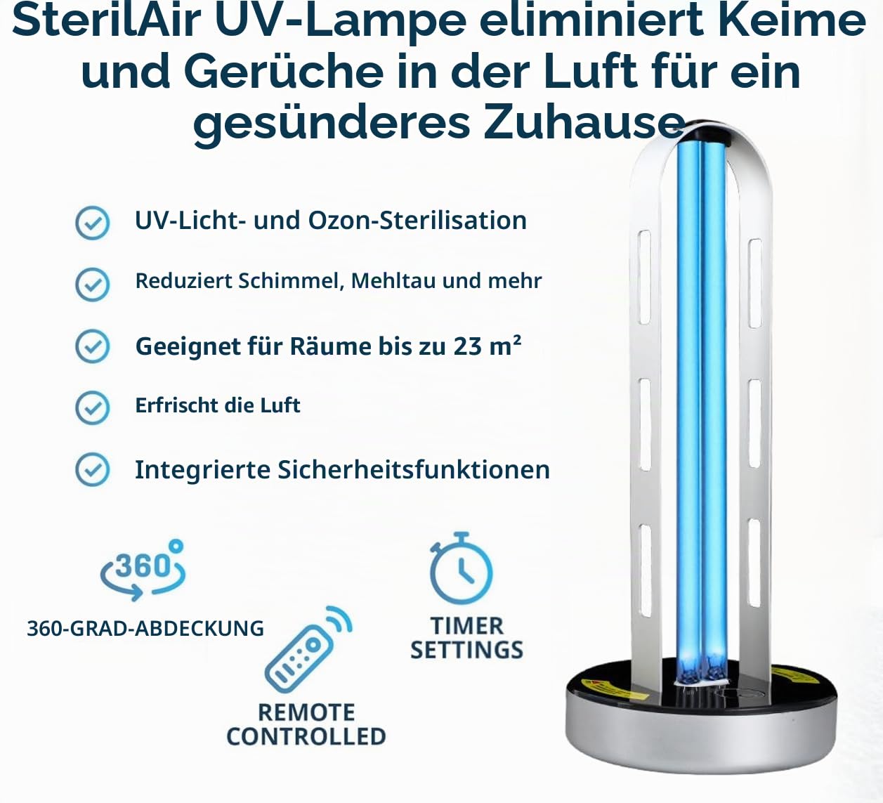 ZKX Professionelle UVC Desinfektions lampe 60W/120W - 99,9% Keimabtötung inkl. Ozon/Ozonfrei, Smart Timer & Bewegungssensor für Schnelle Desinfektion in Haushalt/Büro/Haustierbereichen