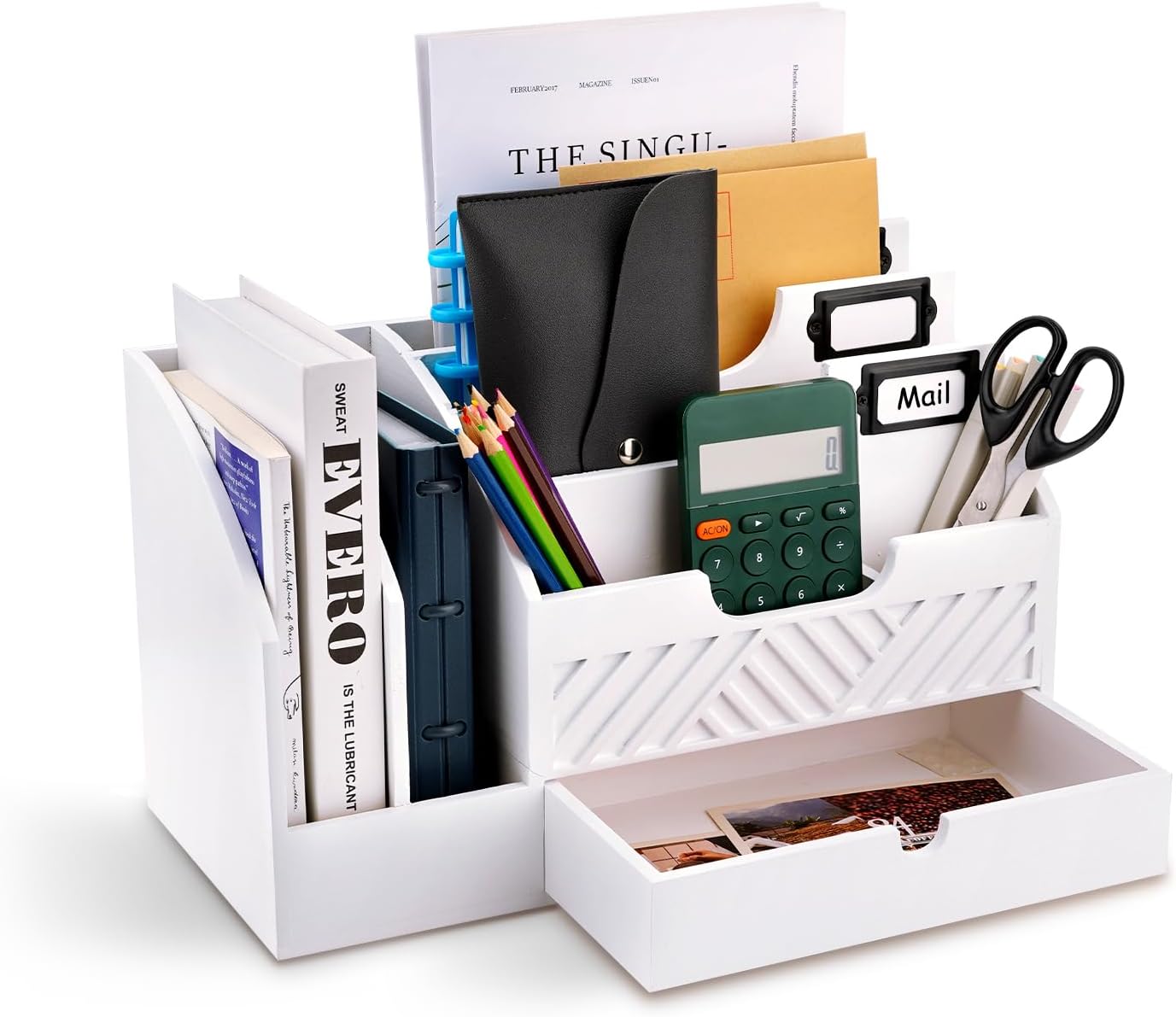 Adjustable Compartment Organizer Wood Mail Organizer With 4 Compartments & Drawer - Desktop Or Wall Mount File Holder For Office Mail Holder