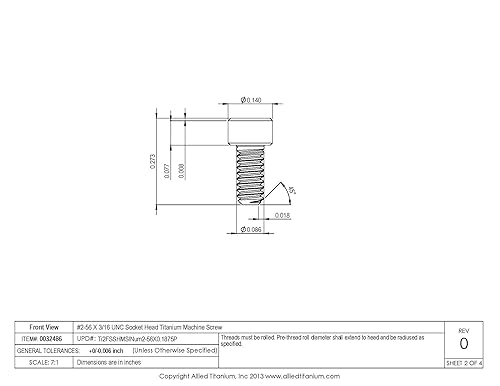 Miniatura 3 de 0032486 Tornillo de máquina de titanio con cabeza de zócalo #2-56 X 316 UNC (paquete de 25), grado 2 (CP)