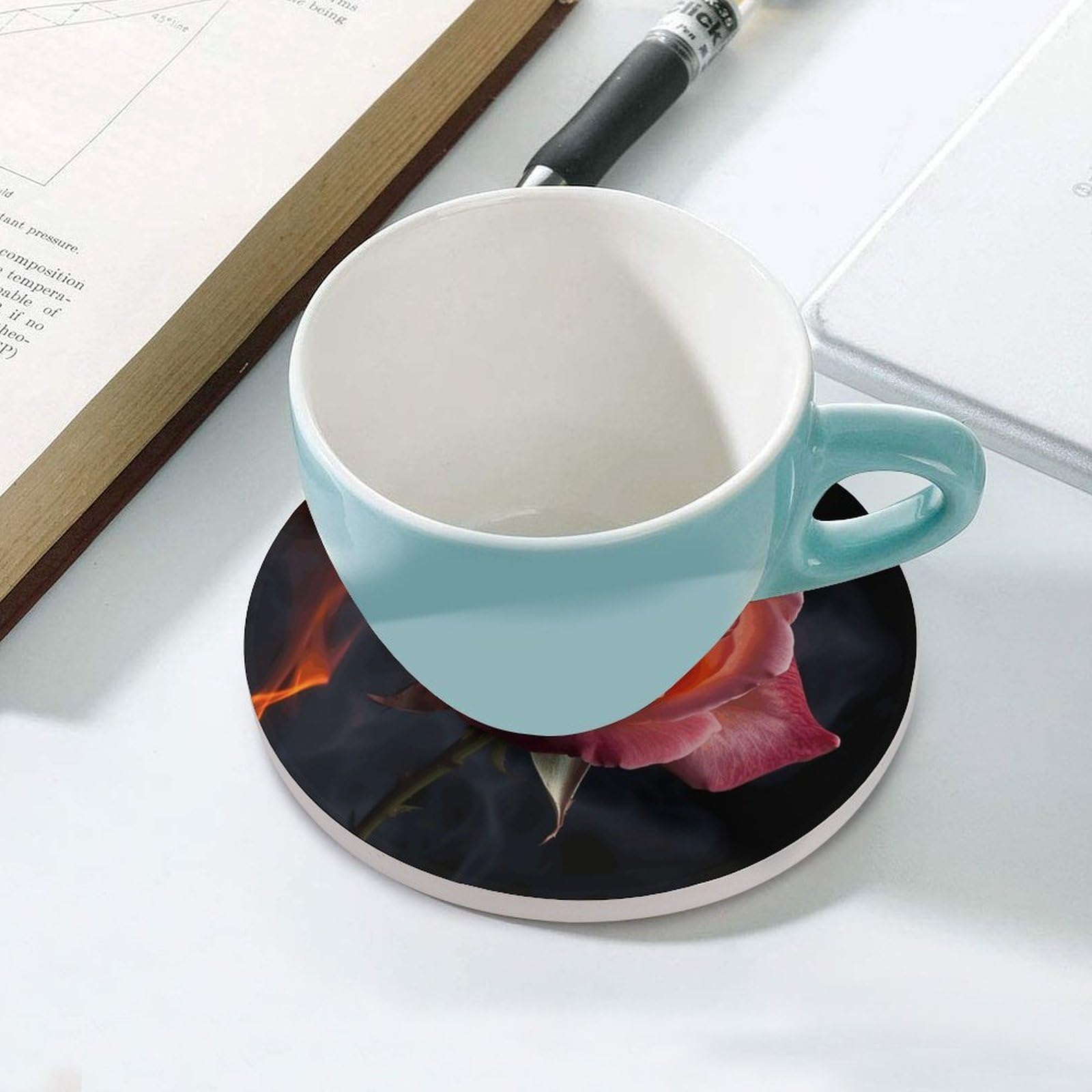 Rose4 - Sottobicchieri con supporto per tavolino da caffè, sottobicchiere in ceramica con base in sughero, sottobicchiere in ceramica per bevande fredde o calde, 10 cm