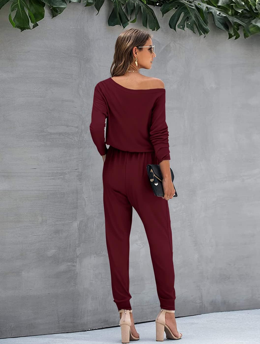 Women Casual Jumpsuits Loose Fit Off Shoulder Long Sleeve Elastic Waist Stretchy Long Rompers Jumpsuit with Pockets - Image 5