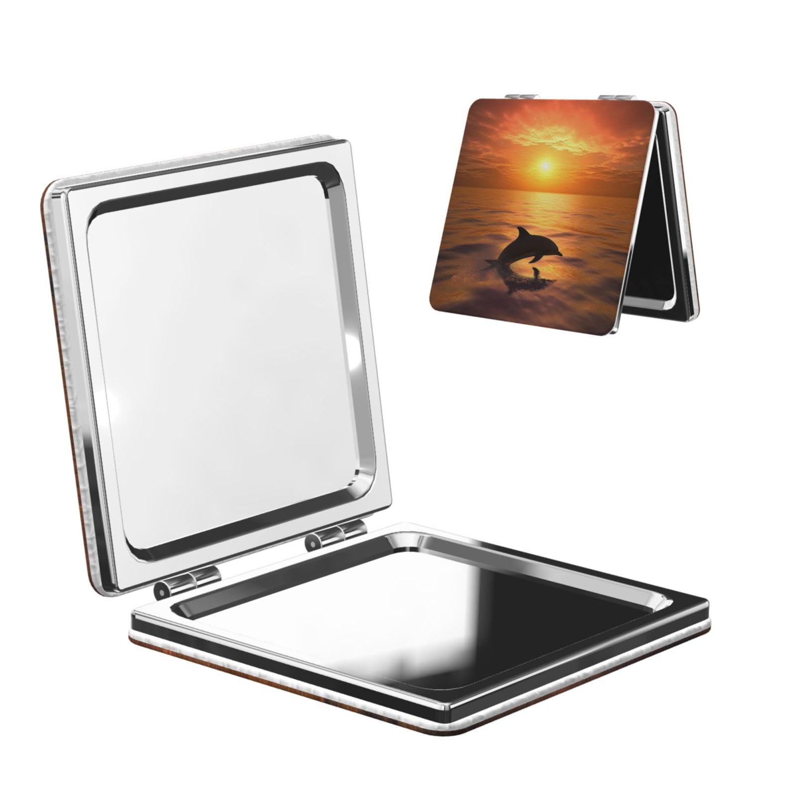 DWVTSLH Dolphin and Sunset Compact Mirror for Purse, Double-Sided 2X/1X Magnifying Mirror for Women Men, Travel Makeup Mirror for Handbag, Handheld Vanity Mirror for Gift