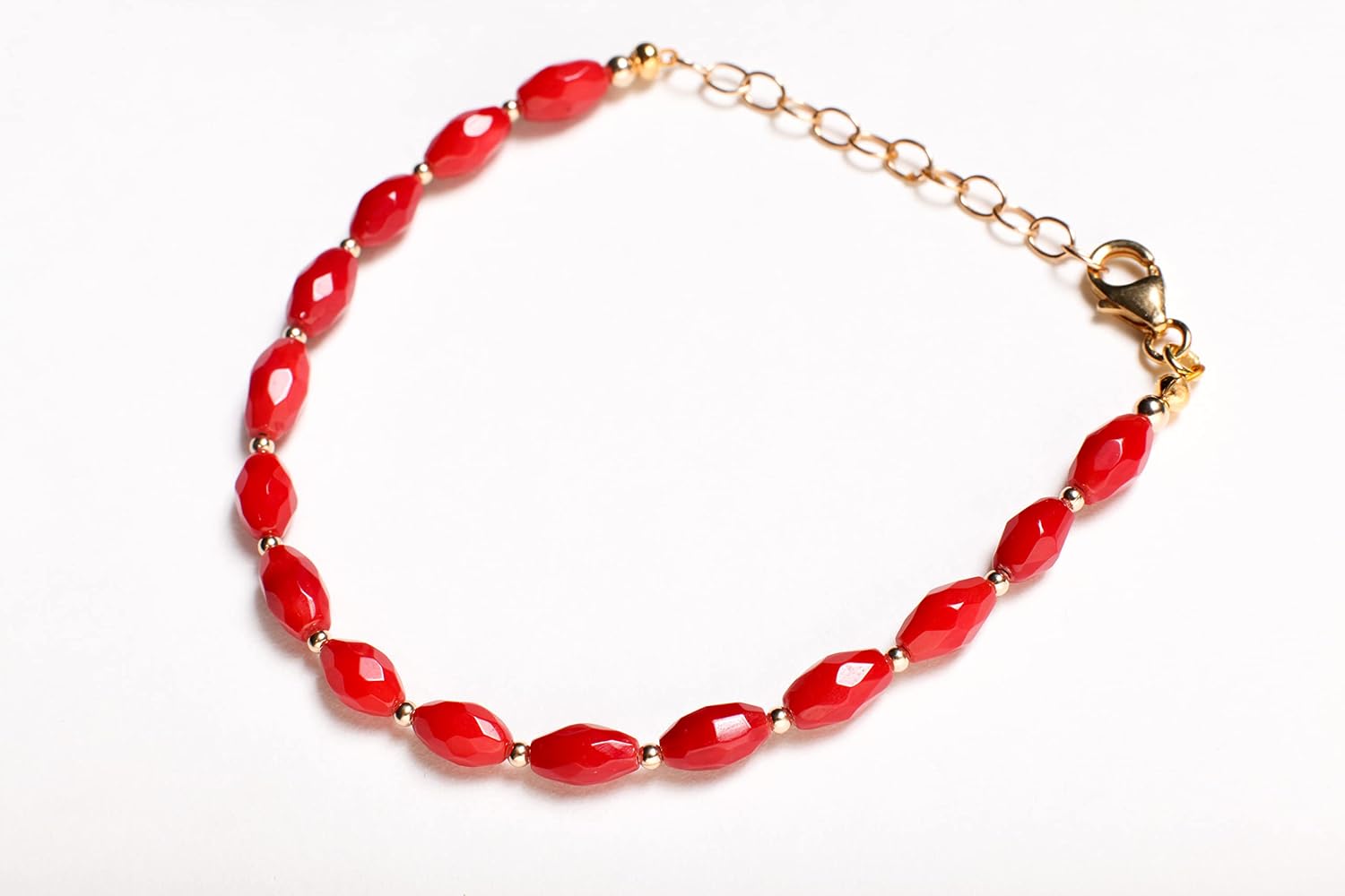 Bamboo Coral Faceted Rice Oval AAA Quality 7" Bracelet with 14K Gold Filled Spacer Beads, Lobster Clasp, 1.5" Extension, Beach, Boho
