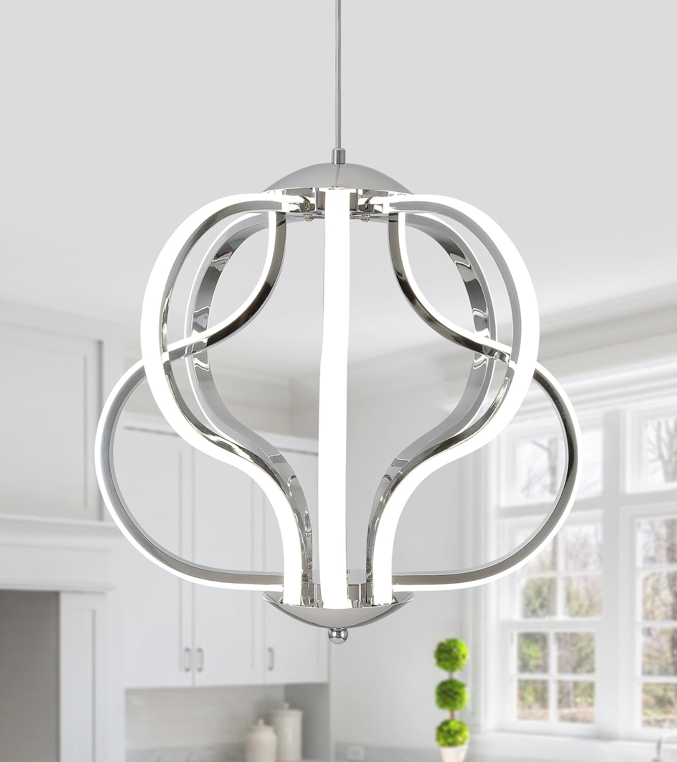 Q&S Modern Led Chandelier,Chrome Hanging Pendant Lights for Dining Room Foyer Entryway Kitchen Living Room 8 Lights