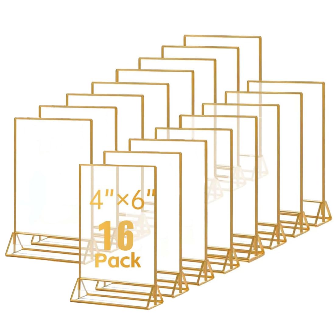 Adboros 16 Pack Gold Acrylic Sign Holder, 4x6 Inch Picture Frames Wedding Double Sided Display Clear Sign Holders Stand Desktop Table Menu for Wedding