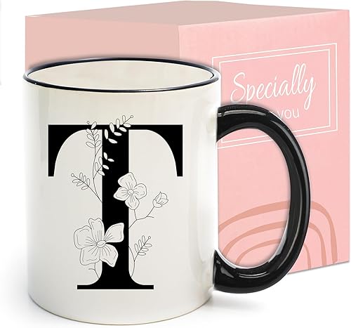Miniatura 25 de Tazas de café de cerámica con monograma, taza de bebida inicial de 11 onzas con caja de regalo, regalos únicos de cumpleaños para el día de San