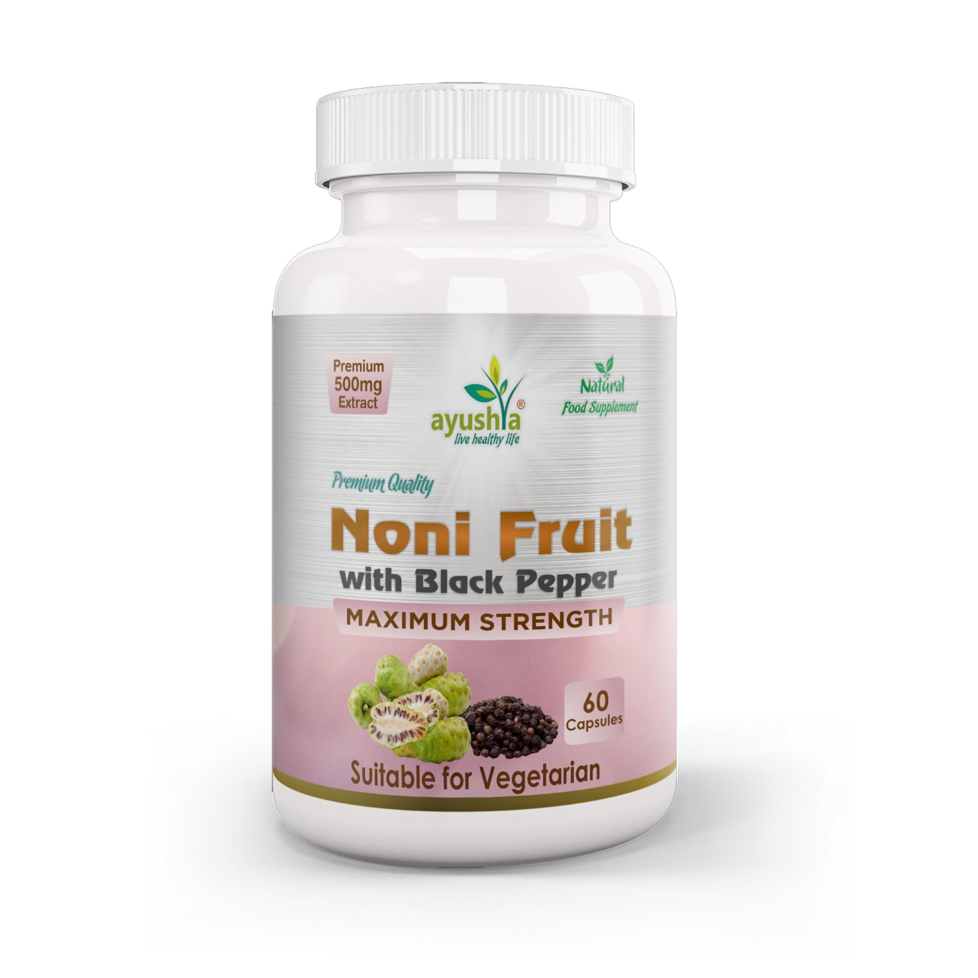 Noni Extract (Morinda citrifolia) with Black Pepper Capsule, 500mg High Strength 60 Veg Capsules