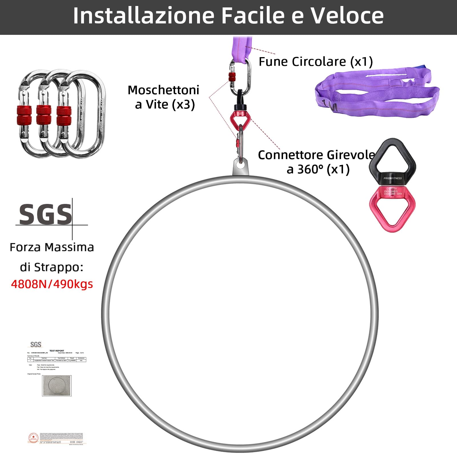 PRIOR FITNESS Set di Cerchio Aereo Lyra, Anello Aereo a Punto Singolo in Acciaio Inossidabile con Kit di Montaggio Completo, Resistenza Elevata Certificata SGS 490kg/1080lbs per Danza Aerea