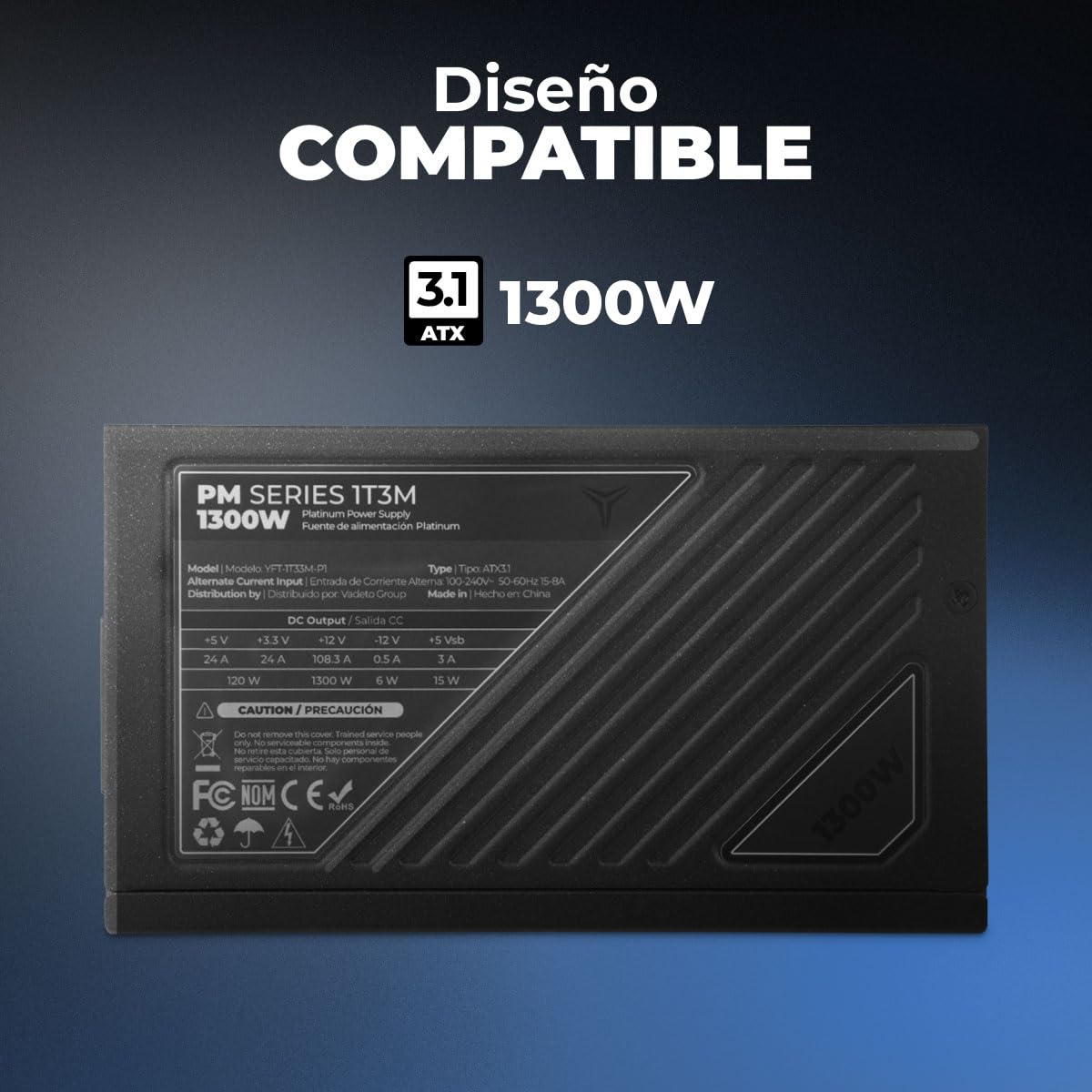 Yeyian Fuente de Alimentación Orion 1300W ATX 3.1 – Certificación 80 + Platinum, PCIe 5.1, Condensadores Japoneses, Compatible con NVIDIA y AMD – Alta Eficiencia y Potencia Real
