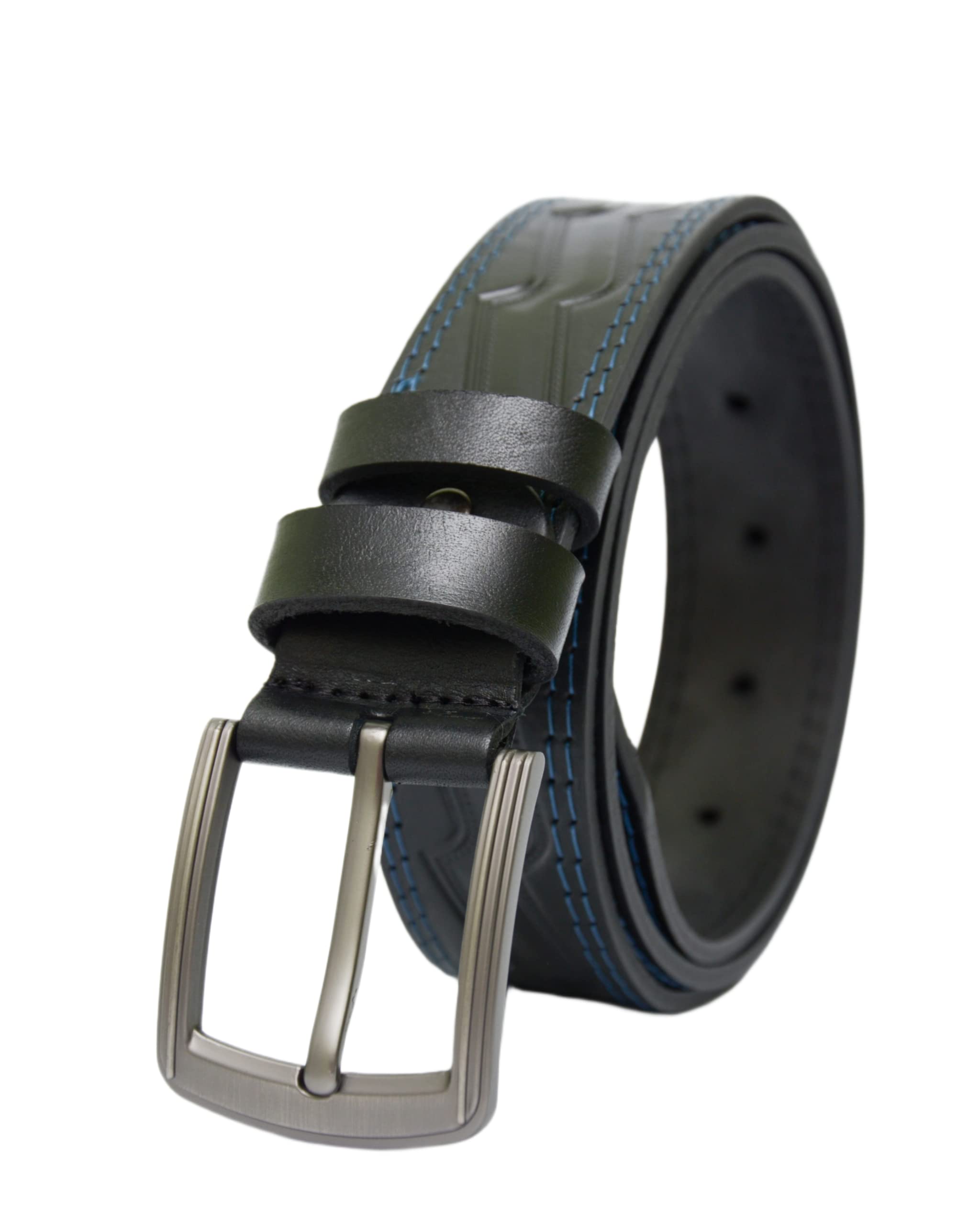 SKIPPER TSYBKO Leather Belt for Men - Black Leather Belt with Blue Stitching - Casual 40 mm Genuine Leather Belt