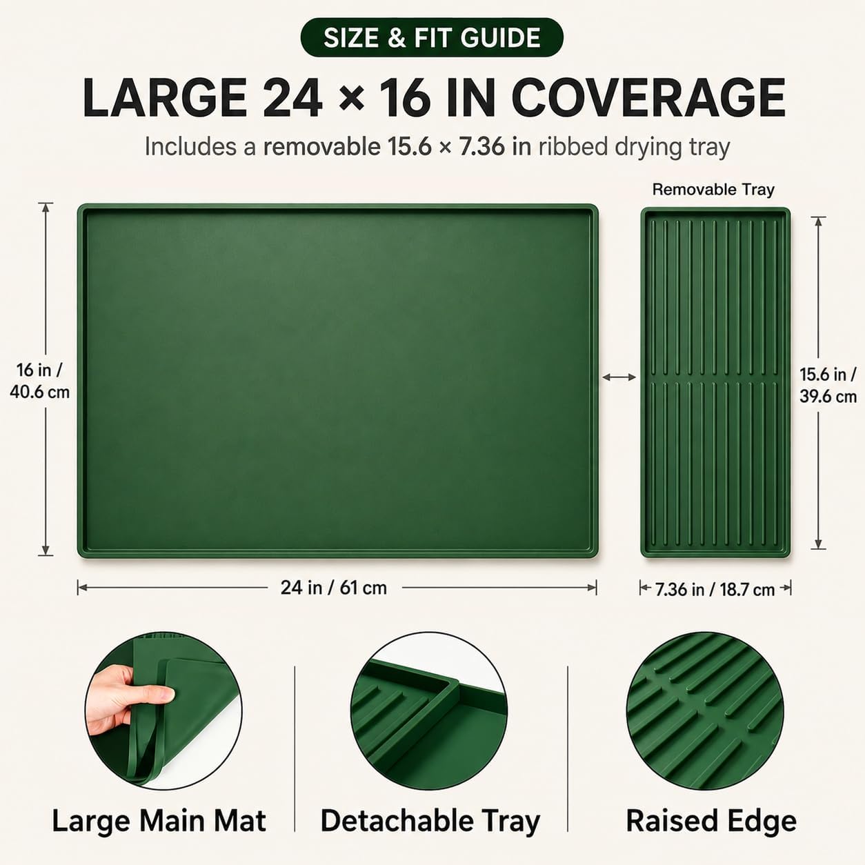 Silicone Coffee Mat 24 x 16 in with Tray, Deep Forest Green image 3