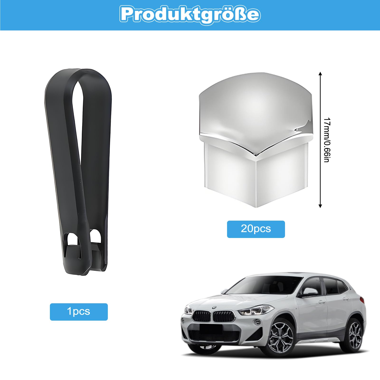 21-teiliges Set mit 17-mm- Radmutterkappen, Radschraubenkappen und Radmutternabdeckungen, passend für die meisten Automodelle, einschließlich einem Werkzeug zum Entfernen der Radmutterabdeckungen.