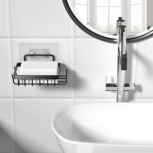 Miniatura 7 de Gaclibl Soporte adhesivo para barra de jabón para pared de ducha, contenedor de jabonera autodrenante con 2 ganchos para esponja de afeitar de acero