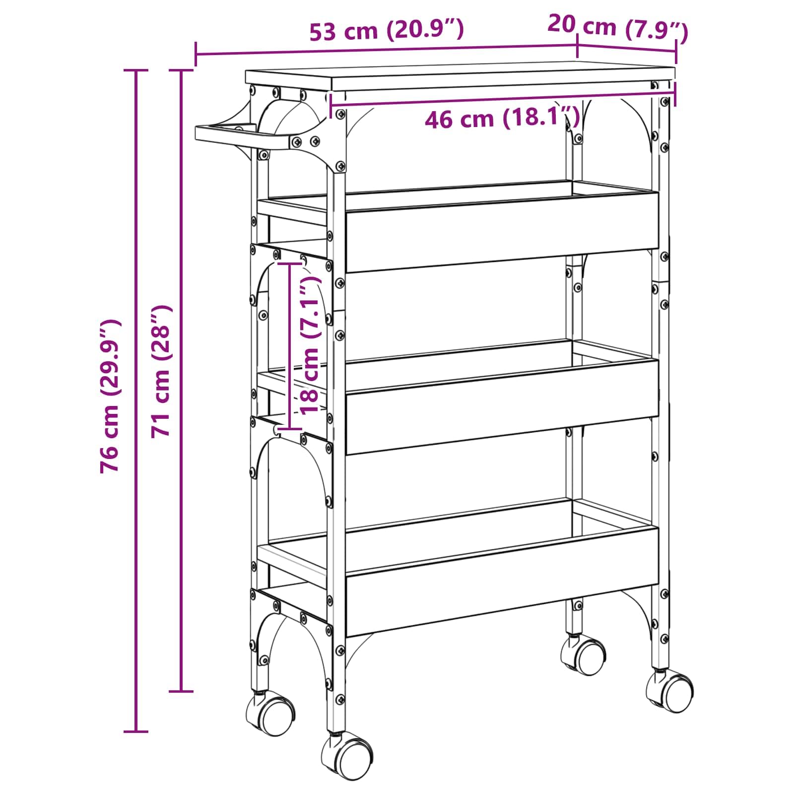 vidaXL Chariot de Cuisine Chêne Sonoma 53 x 20 x 76 cm, Chariot de Cuisine Moderne, Chariot Mobile Résistant avec Grand Rangement, Organisateur Pratique pour Repas